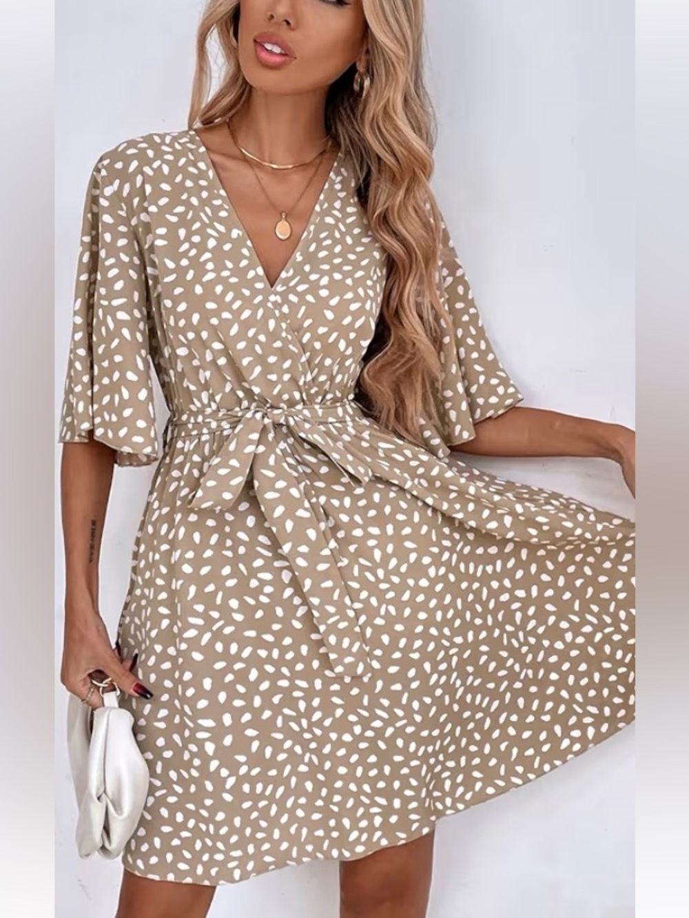 Chic Nation Beige and White Printed Wrap Midi Dress with Tie Waist